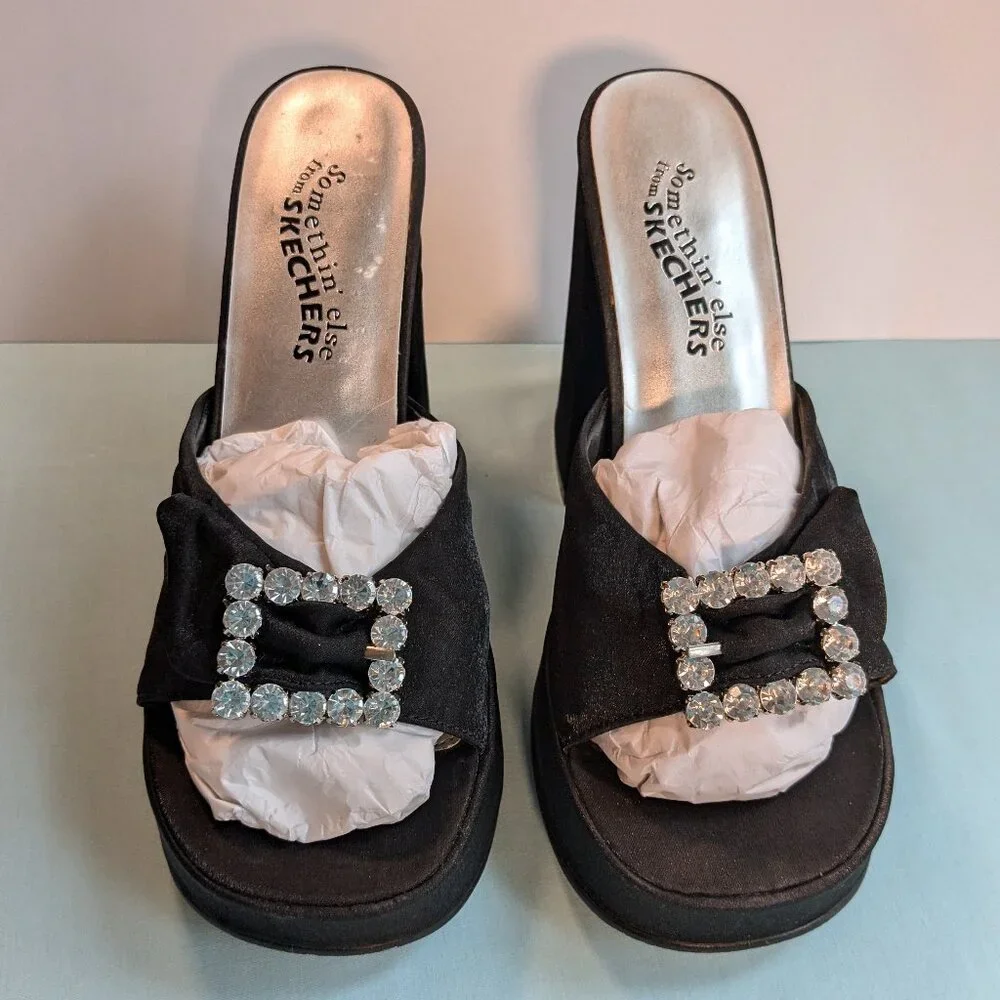 Vintage Chunky Heel Shimmer Black Platform Skechers Rhinestone Buckle Heels - Picture 14 of 16